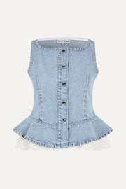 Stine Goya Boatneck Frill Buttoned Top Top Denim Blue