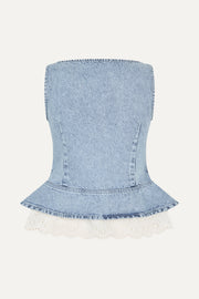 Stine Goya Boatneck Frill Buttoned Top Top Denim Blue