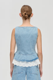 Stine Goya Boatneck Frill Buttoned Top Top Denim Blue