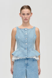 Stine Goya Boatneck Frill Buttoned Top Top Denim Blue