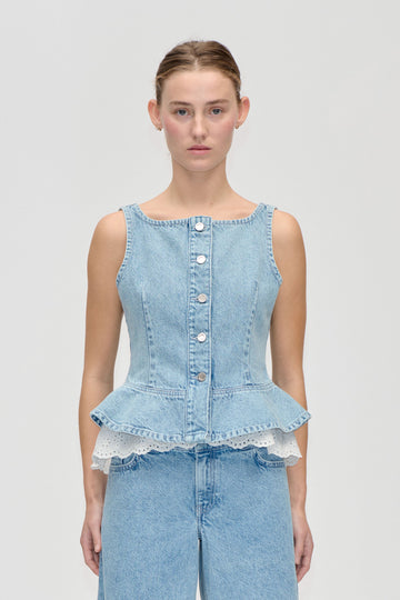 Stine Goya Boatneck Frill Buttoned Top Top Denim Blue
