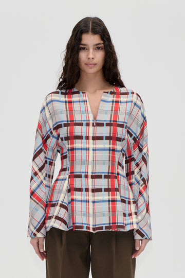 Stine Goya Flared Hem Zip-Up Top Top Scarlet Grid