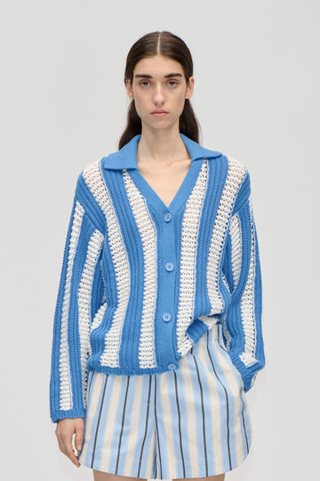 Stine Goya Knit Collar Cardigan Knit Baseball Stripes