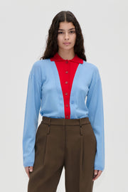 Stine Goya Layered Long Sleeve Cardigan Knit Sky Blue / Fiery Red