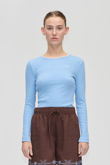 Stine Goya Long Sleeve Rib Top Top Bel Air Blue