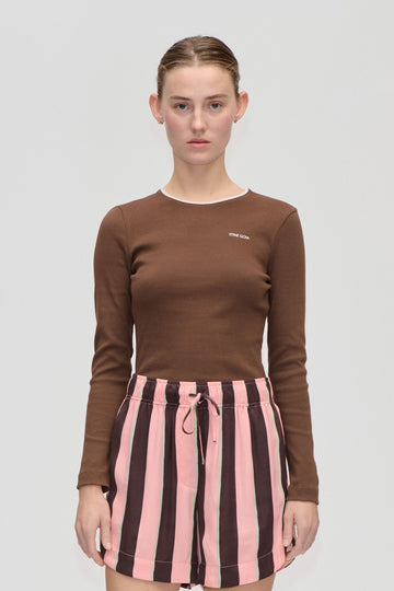 Stine Goya Long Sleeve Rib Top Top Chicory Coffee