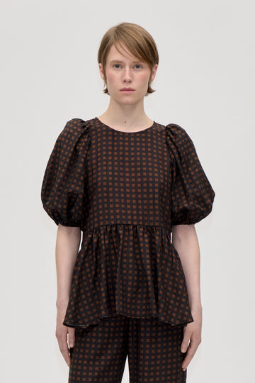 Stine Goya Puff Sleeve Peplum Top Top Morgensol Checks