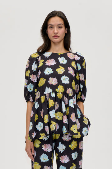 Stine Goya Puff Sleeve Peplum Top Top Morgensol Poppies