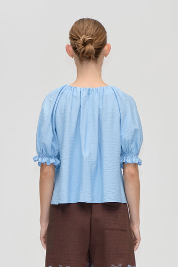 Stine Goya Puff Sleeve Top With Flower Details Top Bel Air Blue