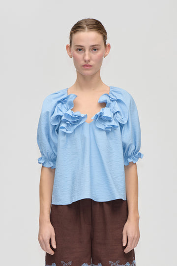 Stine Goya Puff Sleeve Top With Flower Details Top Bel Air Blue