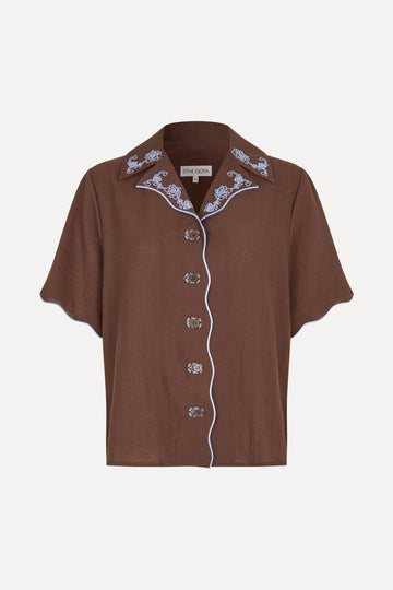 Stine Goya Scalloped Short Sleeve Shirt Top Roses Embroidery